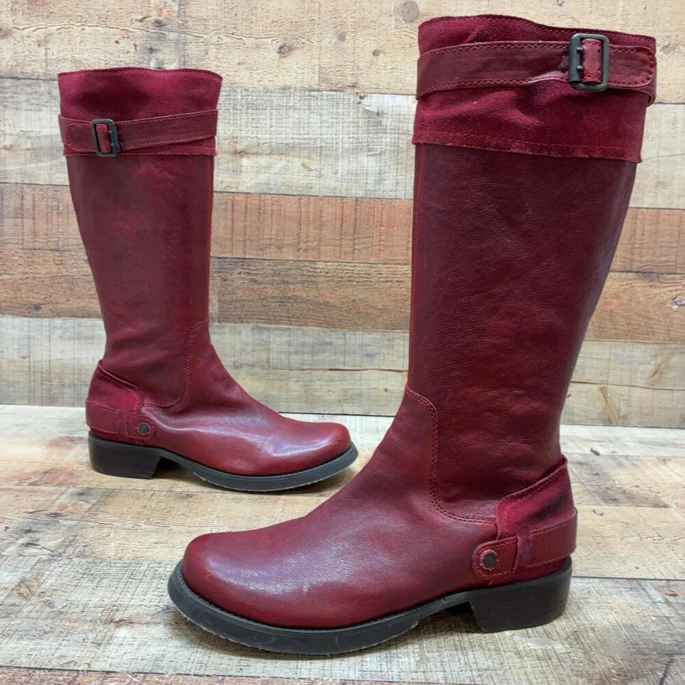 London Underground Boots Womens Size 8.5 39 Red Leather Knee High Riding Buckle